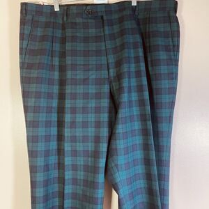 Paul Fredrick  Dress Wool Pants Blackwatch Plaid Green Pleated Mens 44x25